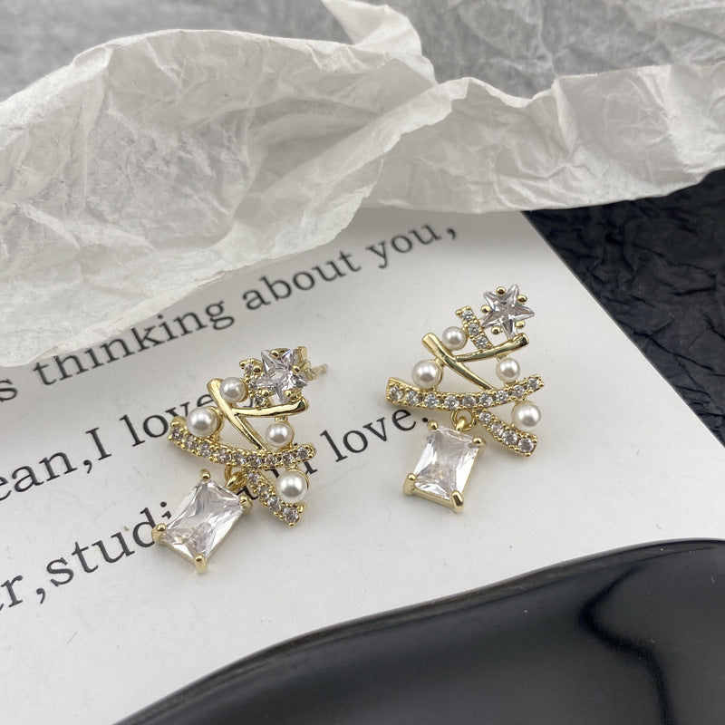 Christmas Light Luxury Pentagram Unique Cross Geometric Square Zircon Tree Stud Earrings