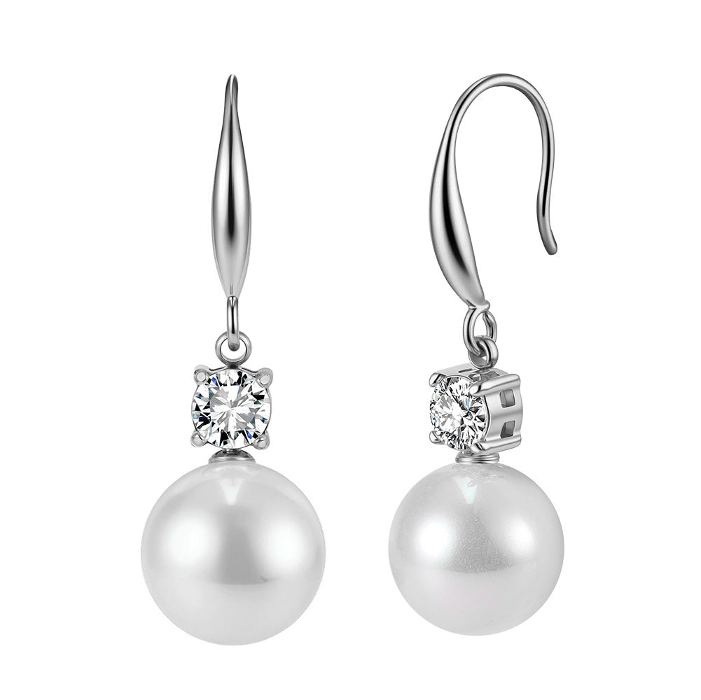 Large Pearl Long Elegant Fashionable Light Luxury Diamond Stainless Earrings