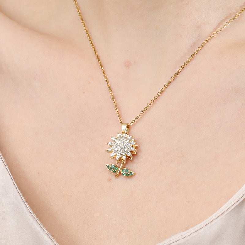 Micro Inlaid Zircon Rotatable Sunflower Parts Necklaces