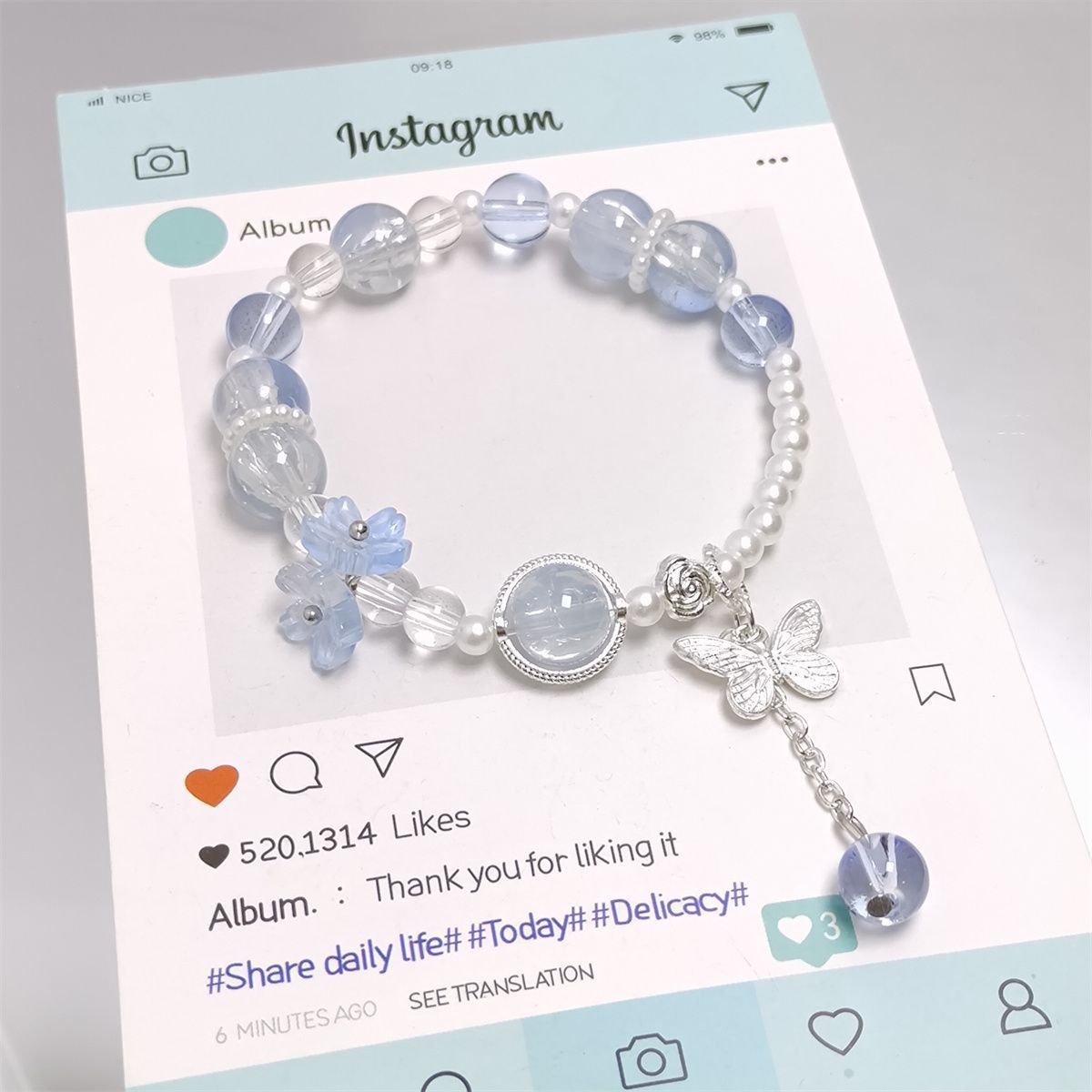 Sweet Dopamine Peach Blossom Pearl Super Niche Butterfly Classic Bracelet