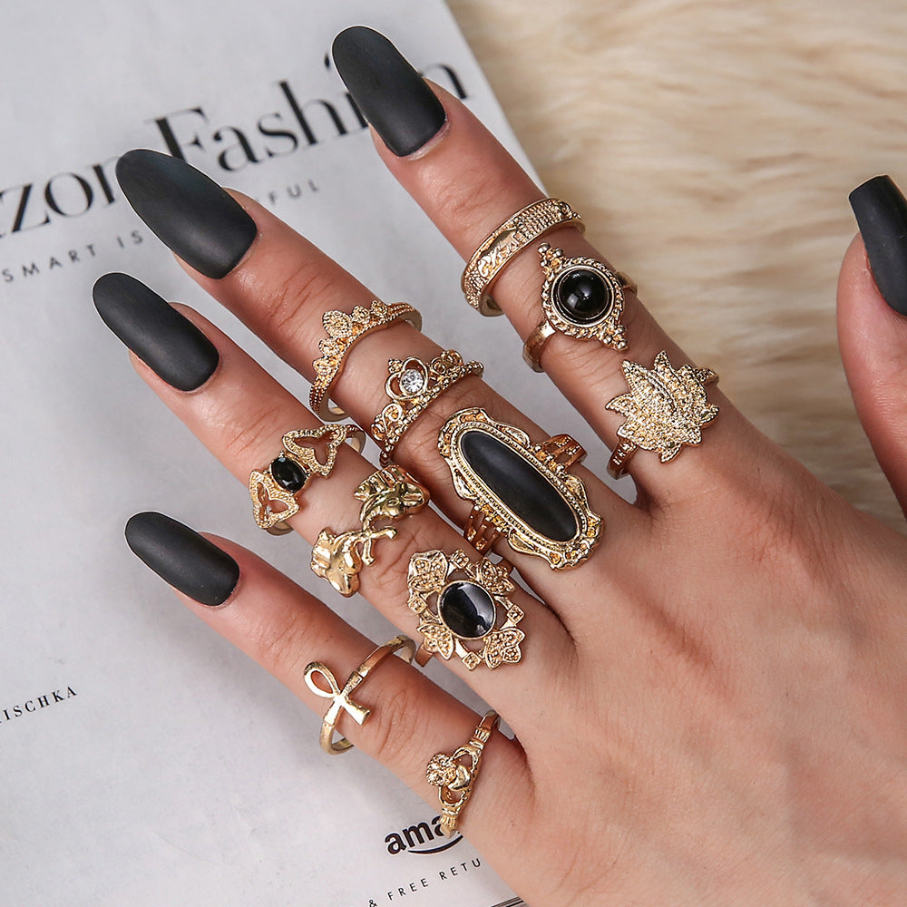 Personality Black Onyx Elephant Lotus Crown Rings