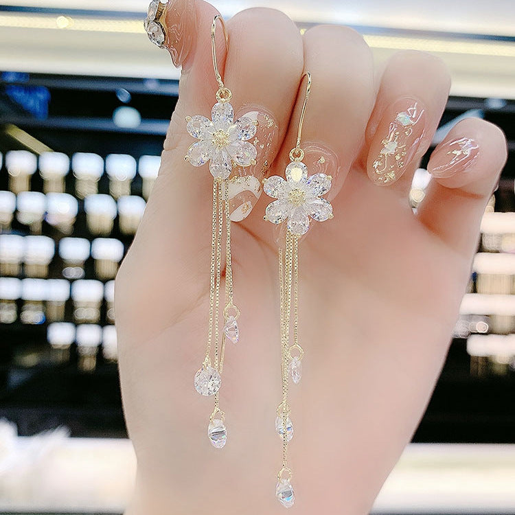 White Zircon Flower Fairy Temperamental Long Five Petal Tassel Earrings