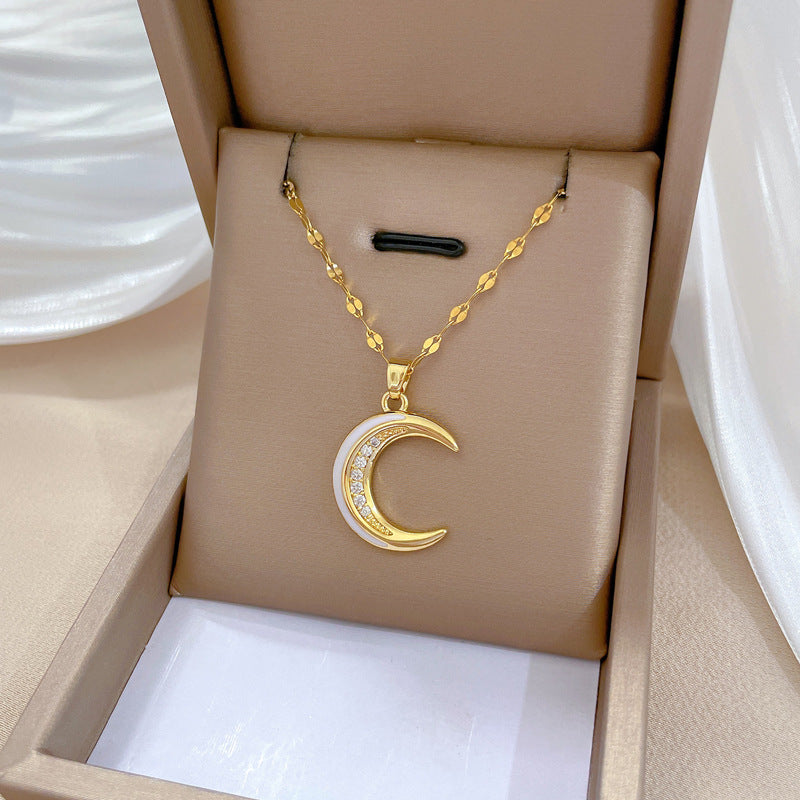 Titanium Steel Light Luxury Moon Full Diamond Design Temperament Necklaces