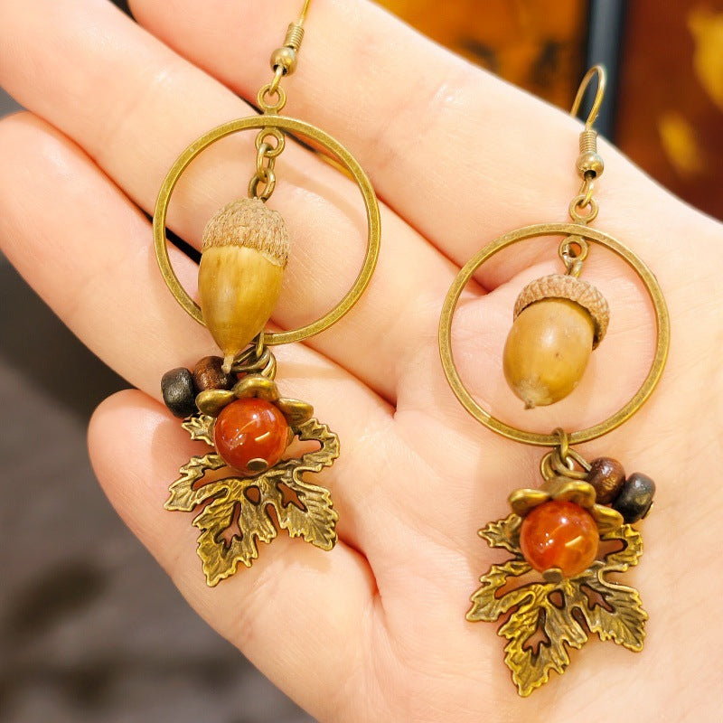 Palace Niche Exotic Plant Dried Fruit Maple Leaf Dangling Earrings