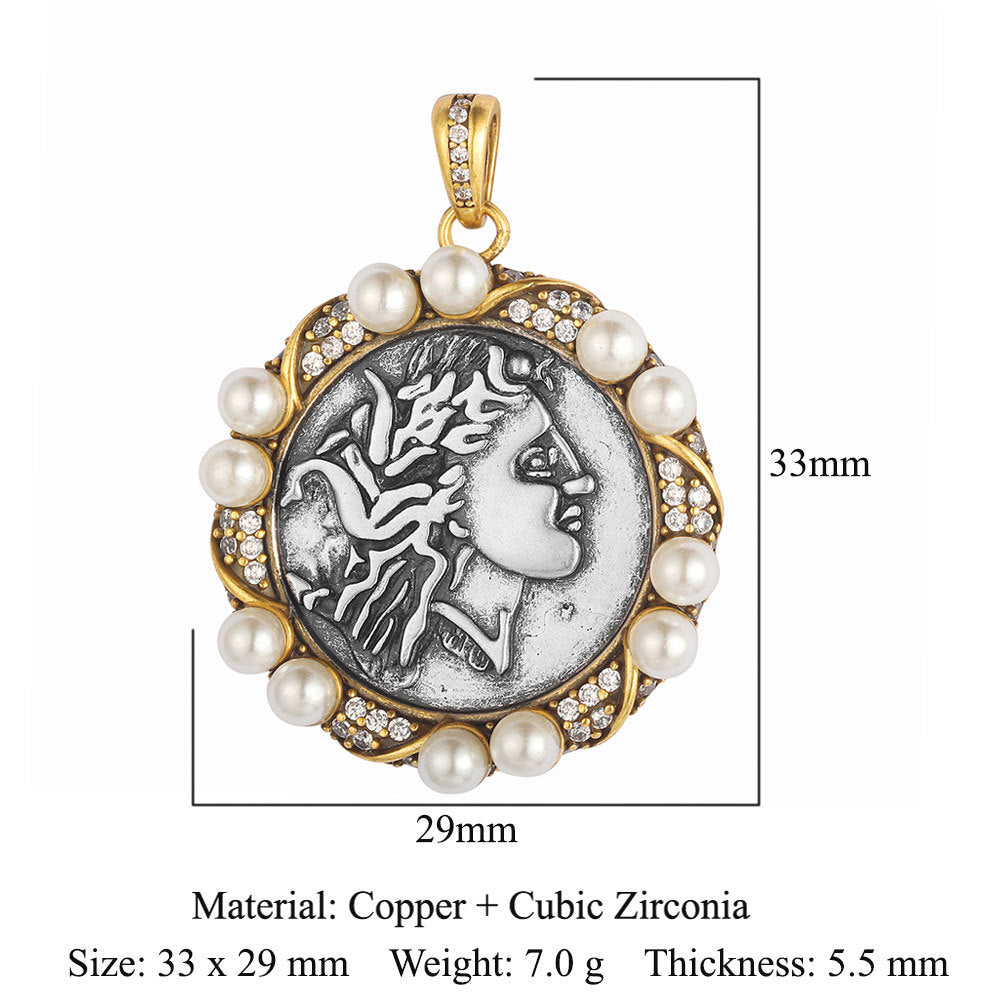 Style Vintage Ancient Sier Coin Copper Zircon Pendants