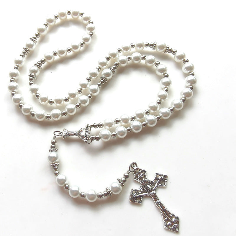 Glass Pearl Handmade Beaded Cross Long Necklaces