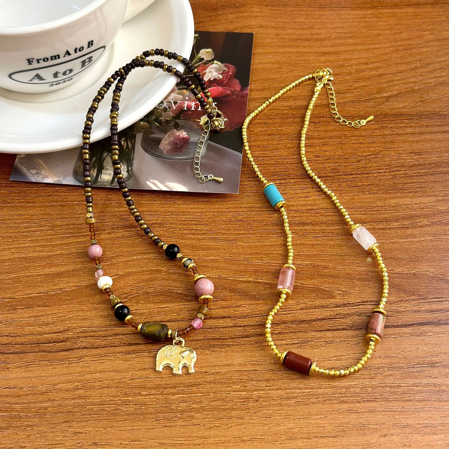 Fantasy Island Elephant Natural Stone Contrast Color Necklaces