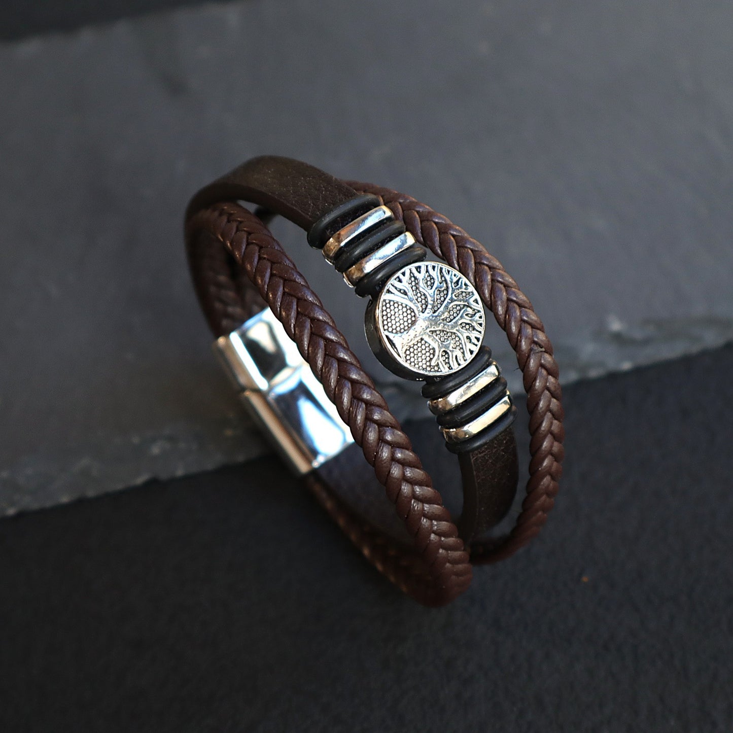 Men's Magnetic Buckle Leather Lucky Tree Hand-woven Bracelet