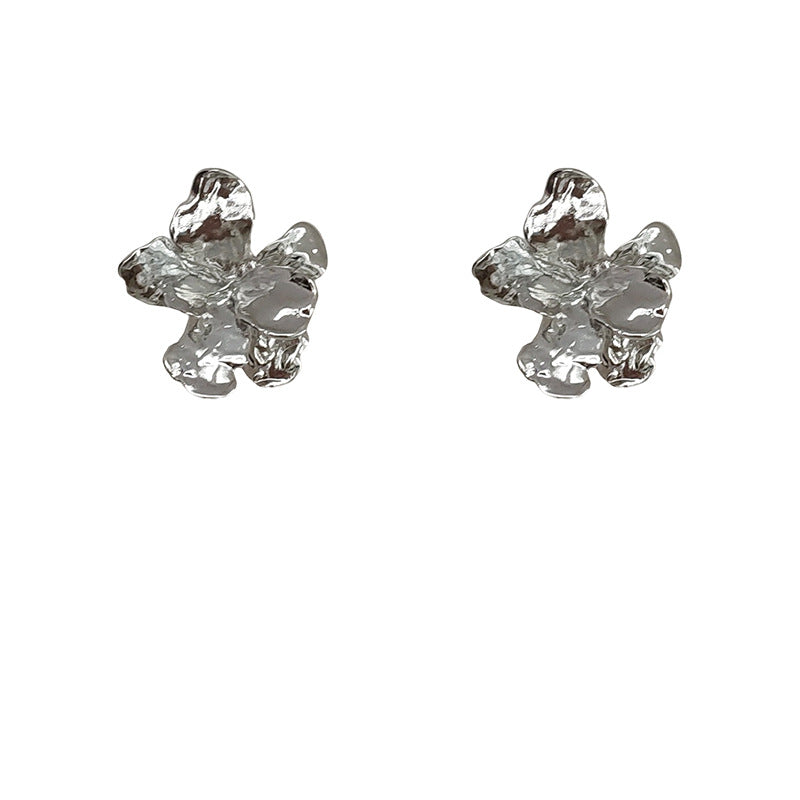 Liquid Metal Sier Needle Irregular Three-dimensional Flower Female Earrings