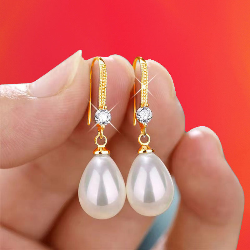 Ornament Sier Water Drop Oval Artificial Pearl Earrings