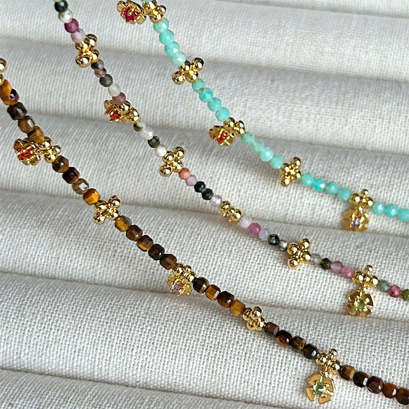 Tourmaline Flower Tigereye Natural Stone Color Kooky Design Twin Bracelets