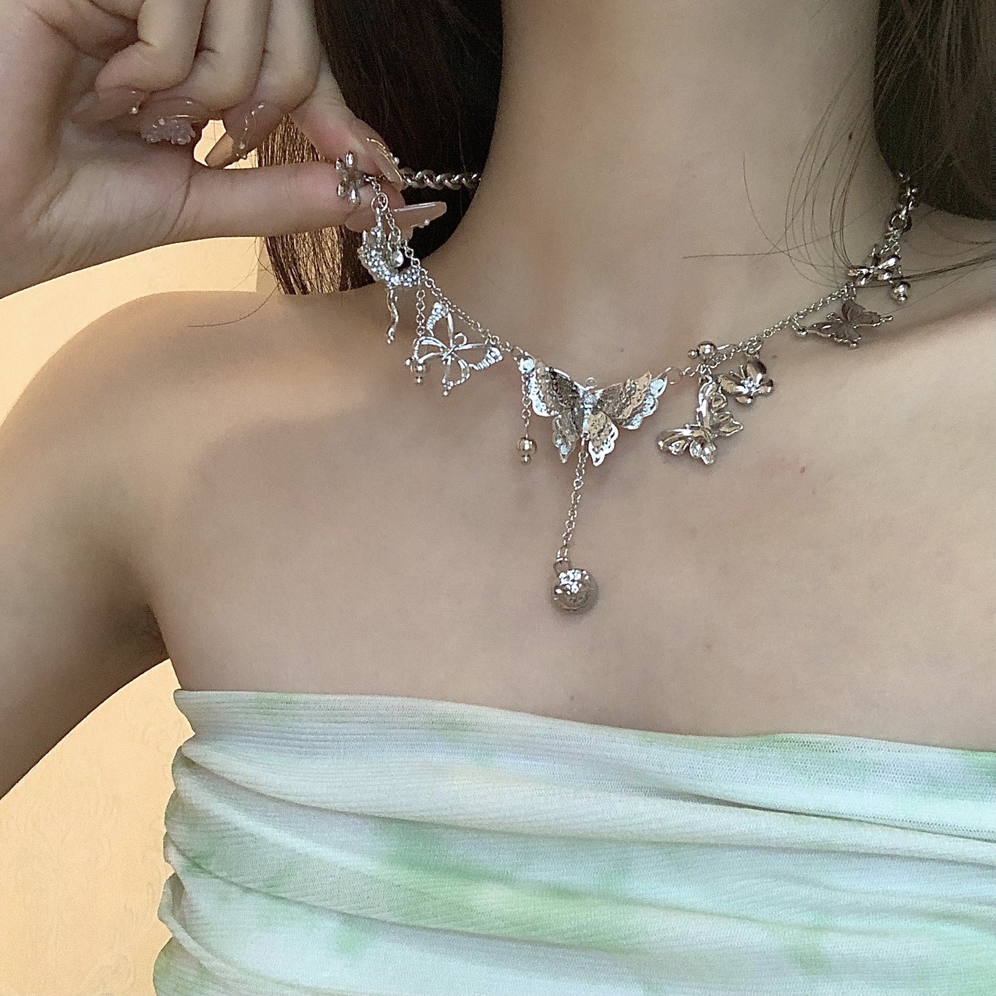 Cool Hot Style Double Layer Butterfly Tassel Light Luxury High Necklaces