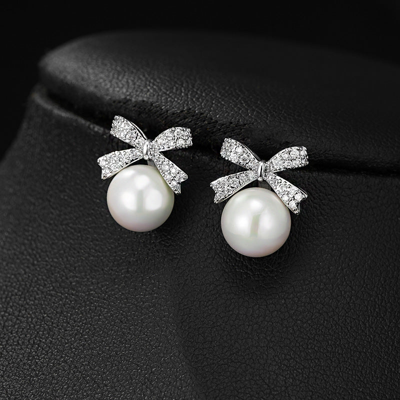Women's Korean Style Sier Pin Simple Niche Personality Bow Elegant High-grade Stud Earrings