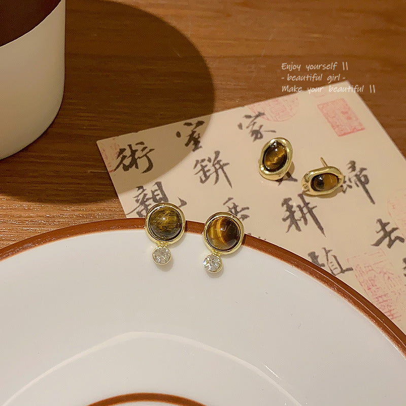 Sier Needle Tigereye Female Advanced Design Sense Stud Earrings