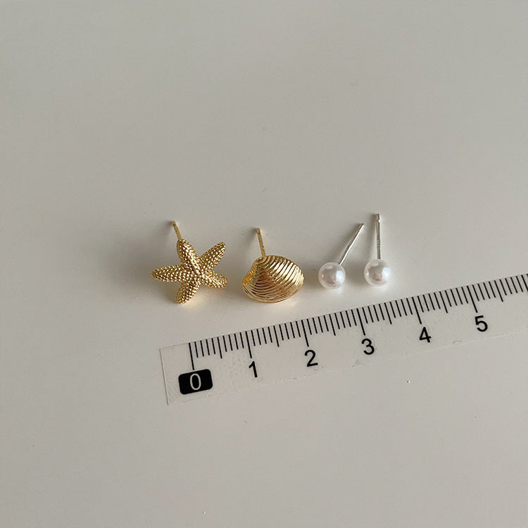 Starfish Metal Pearl Earings Set Female Niche Rings