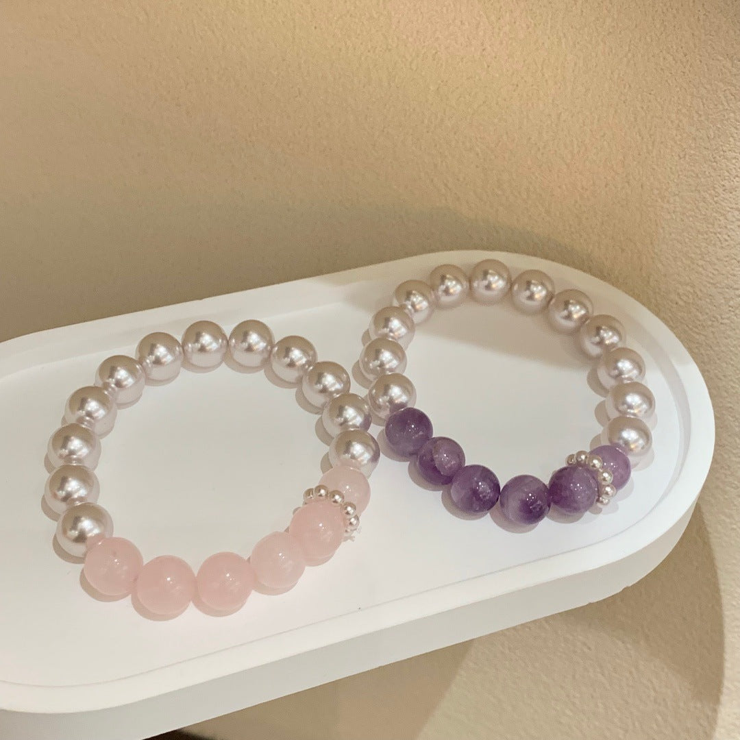 Women's Crystal Manta Rose Pearl Purple Perfect Circle Stitching Elastic String Bracelet