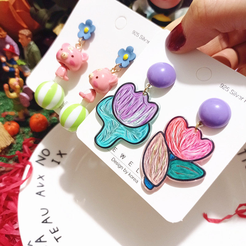 Women's Acrylic Iti Tulip Cute Ceramic Pink Pig Funny Personality Earrings