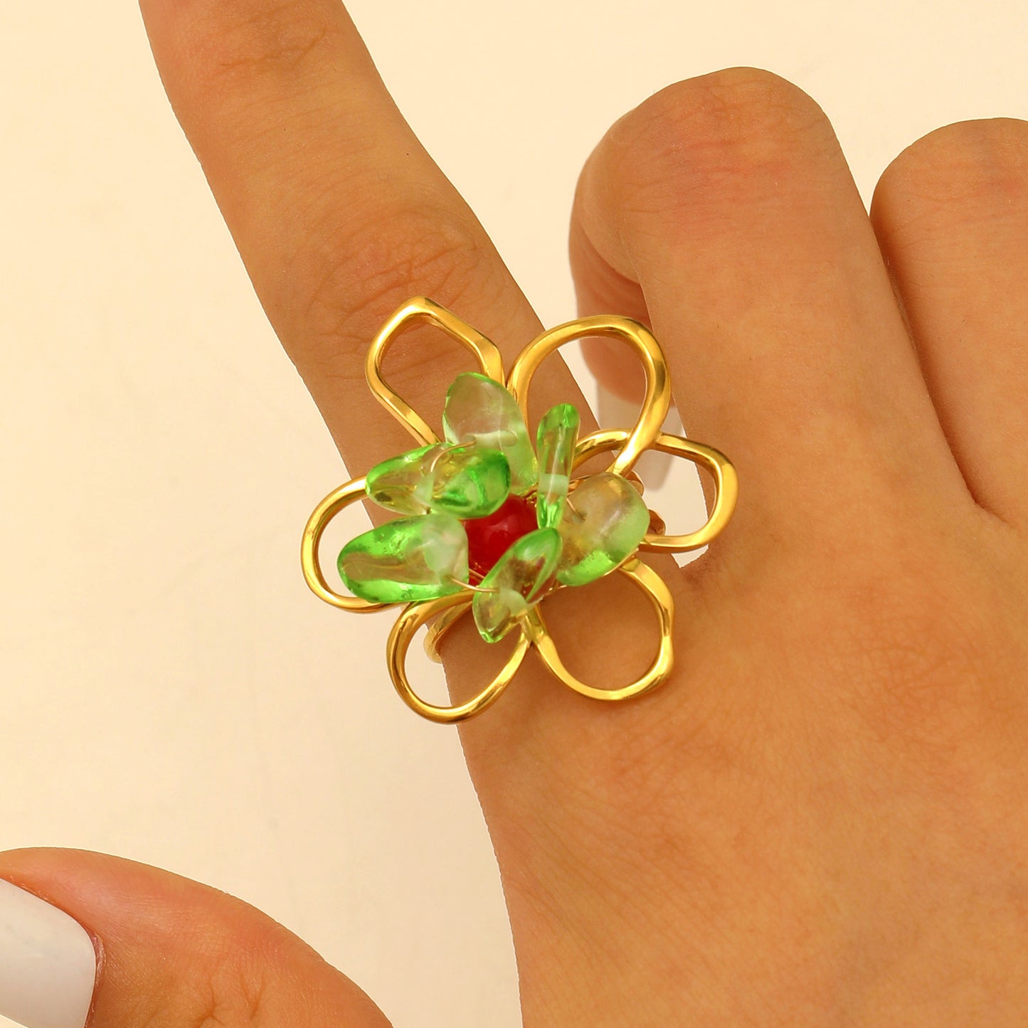 Steel Flower Leaf Female Exaggerated Personalized Hollow Ring