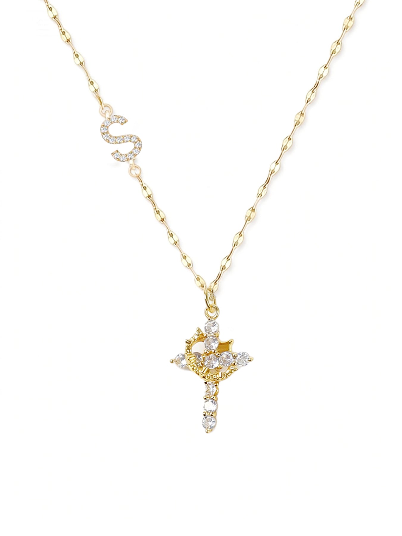 Full Diamond Rotatable Crown Cross With Letters Gold-plated Necklace