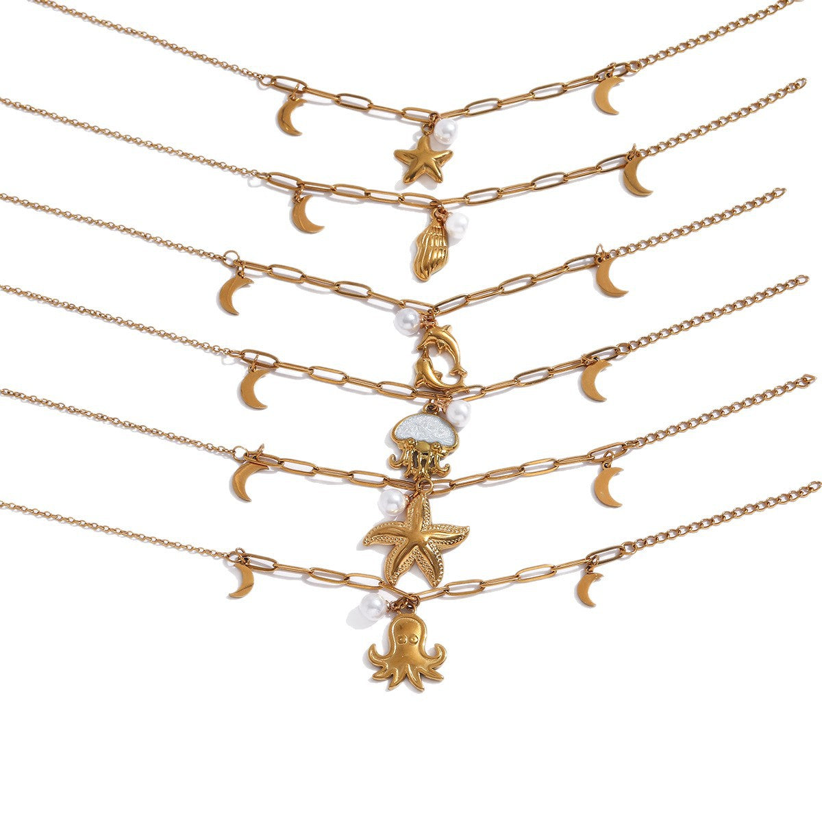 Ocean Series Starfish Pearl Stainless Steel Titanium Vacation Style High Bracelets