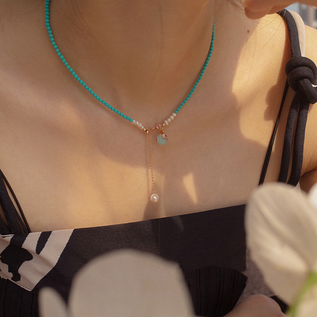 Natural Turquoise Freshwater Pearl Chinese Style Stone National Minority Simple Necklace