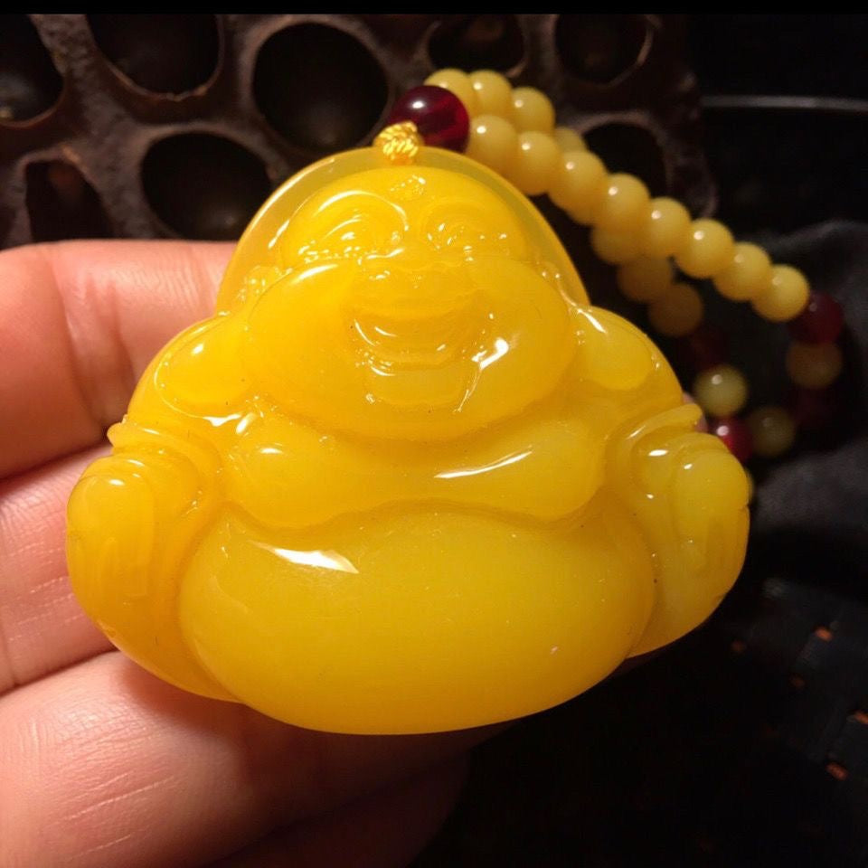 Women's Buddha Carved Smiling Long Sweater Chain Yellow Necklace