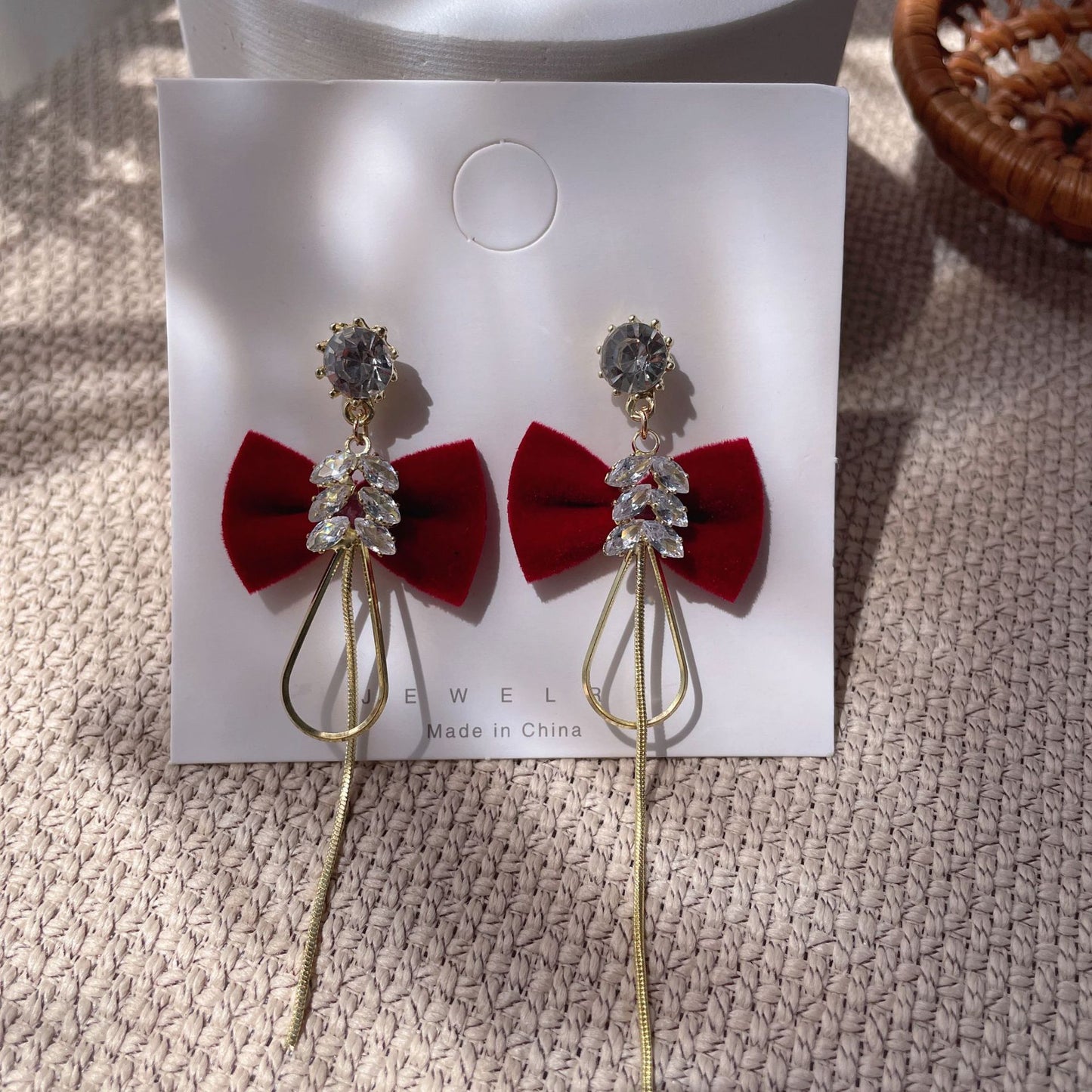 Bridal Red Veet Bow Heart Pearl Toast Earrings