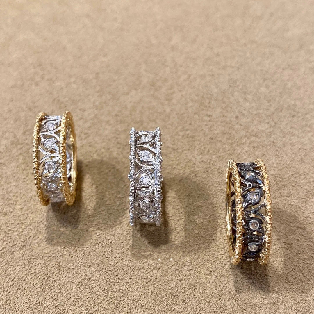 Carved Leaves Hollow Contrast Color Light Luxury Minority Pattern Advanced Rings