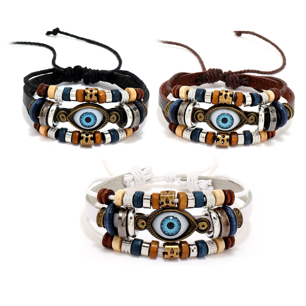 Popular Beaded Eyes Cattle Leather Pull Bracelets