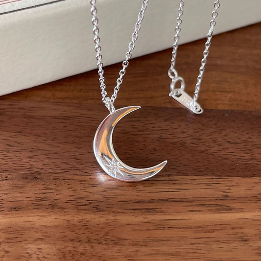 Sier Single Diamond Moon Cold Simple Necklaces