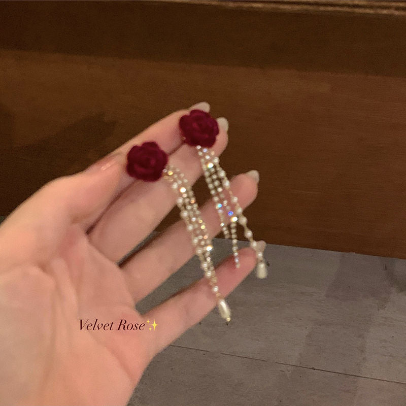 Camellia Tassel Red Veet Long Rose High-grade Rings