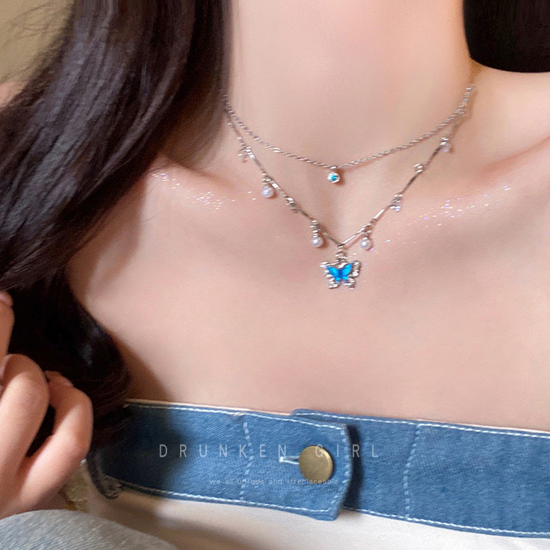 Summer Navy Blue Pearl Butterfly Female Necklace