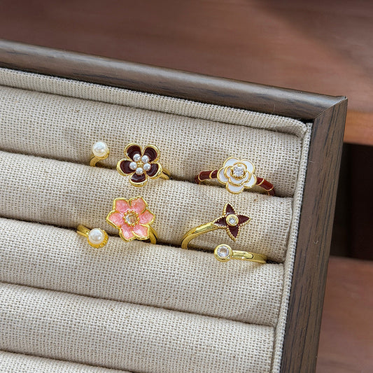 Women's Sweet Retro Affordable Luxury Colorful Enamel Flower Pearl Diamond Asterism Rings