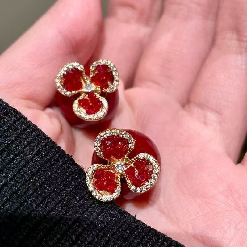 Red Flower Pearl Fashion Zircon Clover Earrings