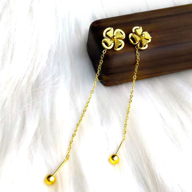 Women's Steel Frosted Gold Clover Lines Rose Temperamental Tassels Stainless Long Ear Line