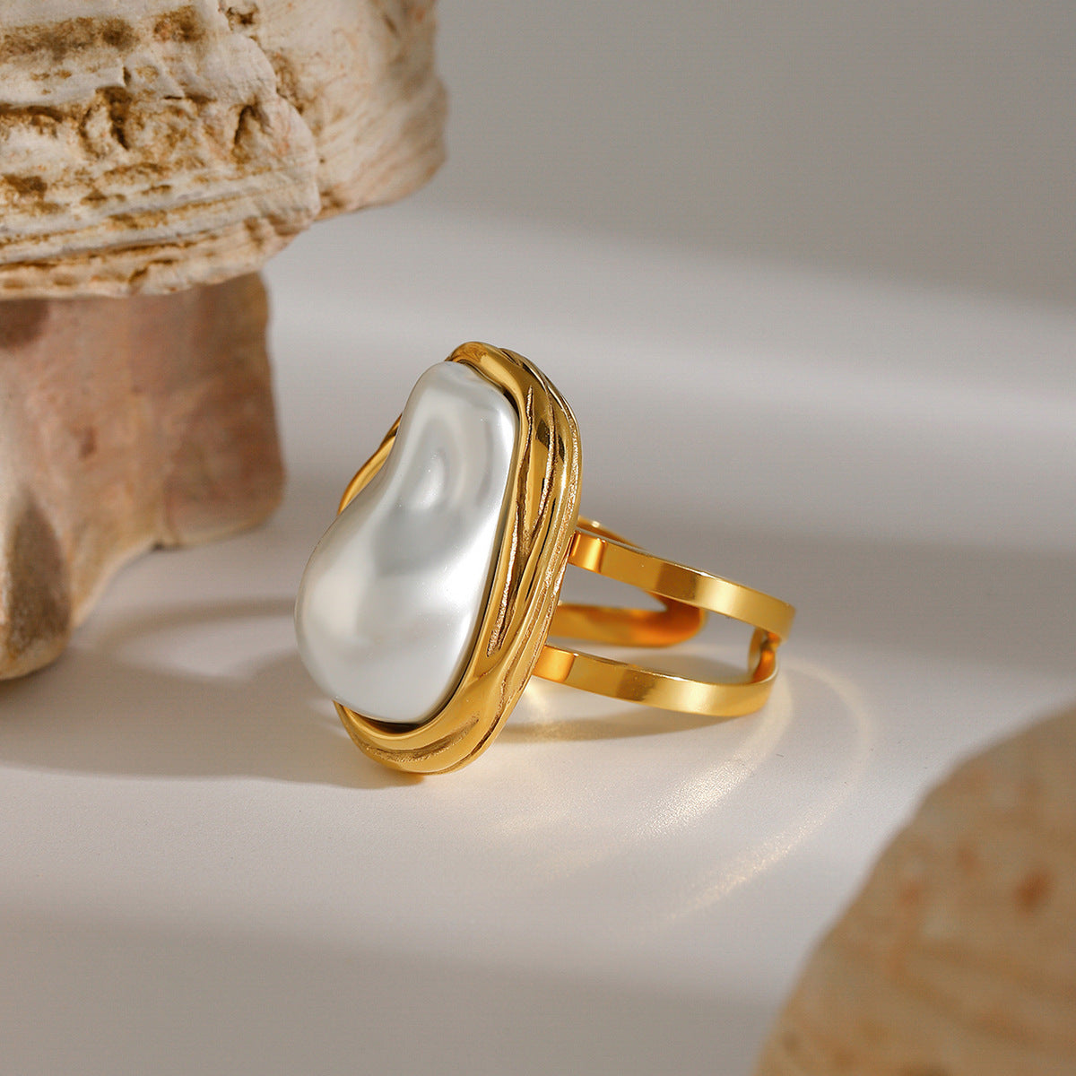 Gold Stainless Steel Baroque Open-end Pearl Female Ring
