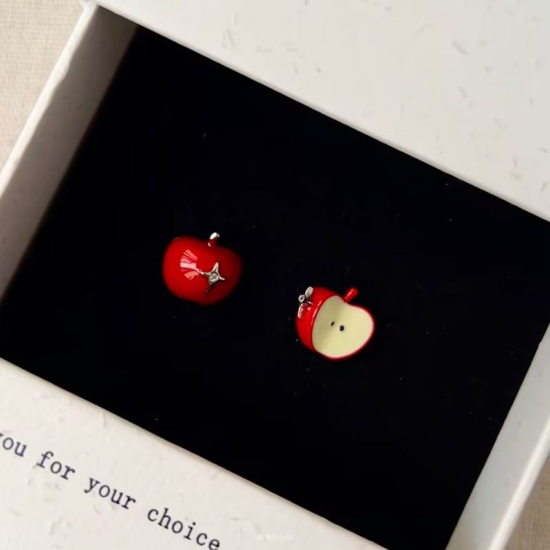 Red Apple Unique Design Asymmetric Cartoon Stud Earrings
