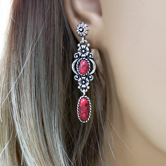 Women's Carved Flowers Red Turquoise Ethnic Style Earrings
