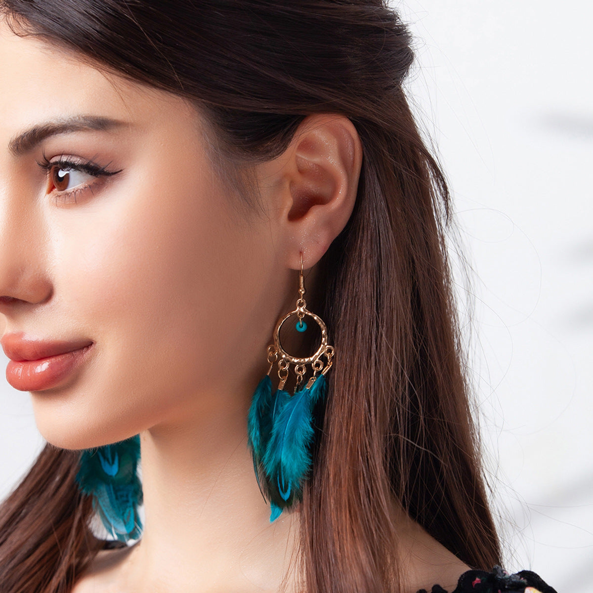 Personality Round Bead Feather Tassel Long Bohemian Earrings