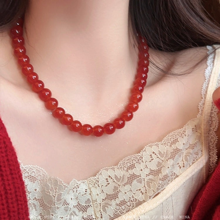 Women's White Vintage Red Agate Beaded High-grade Necklace