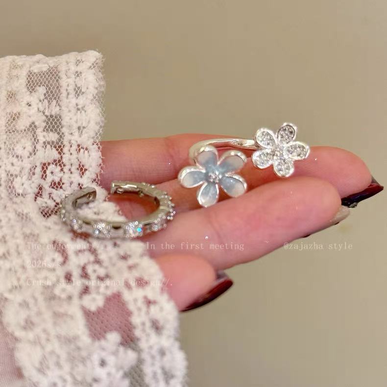 Ice Blue Gradient Flowers Open-end Zircon Mori Girlish Heart Rings
