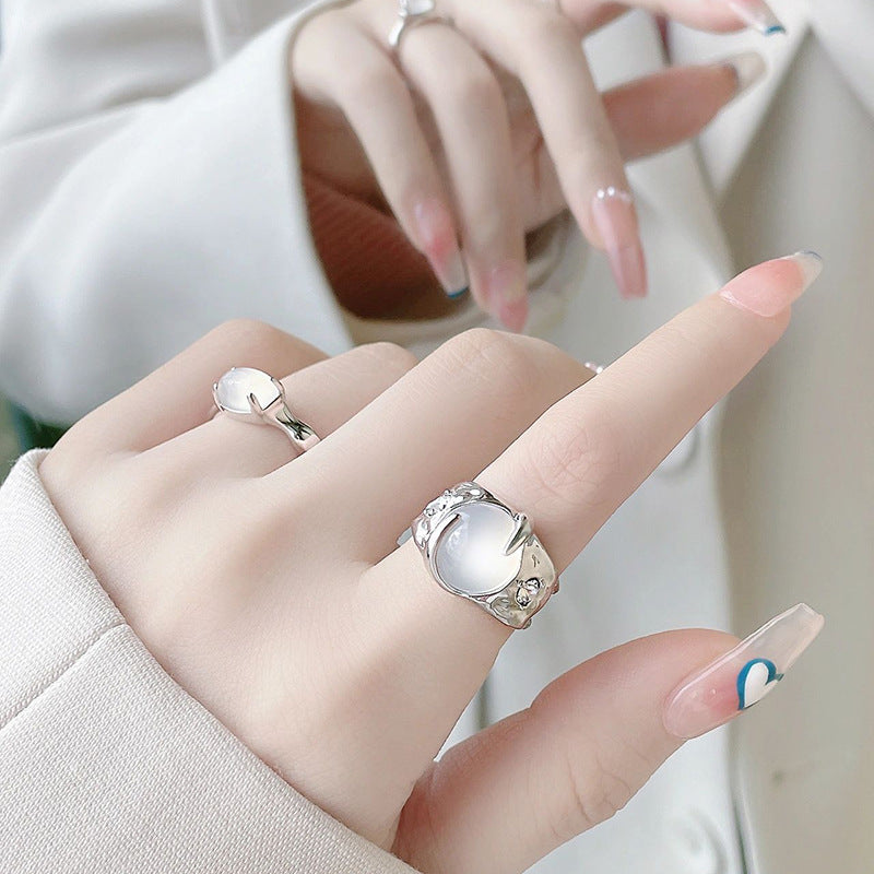 Niche Design Moonstone Advanced Sense Rhinestone Zircon French Open Rings