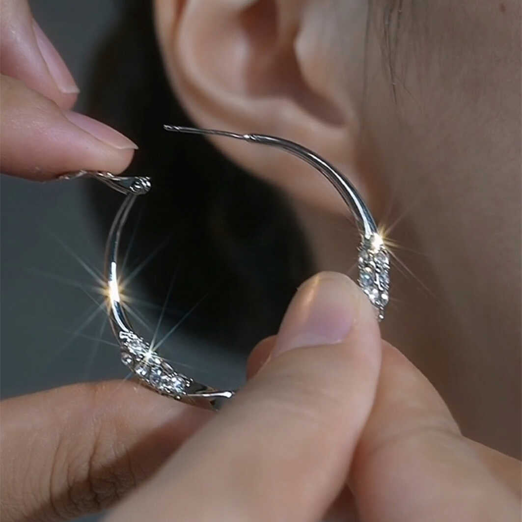 Women's Diamond Sier Exaggerated Large Hoop Shiny Design Earrings
