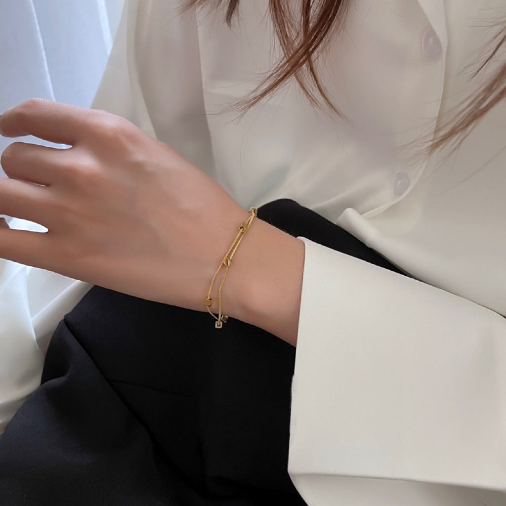 Women's Steel Gold Square Double Layer Snake Bones Chain Bracelets