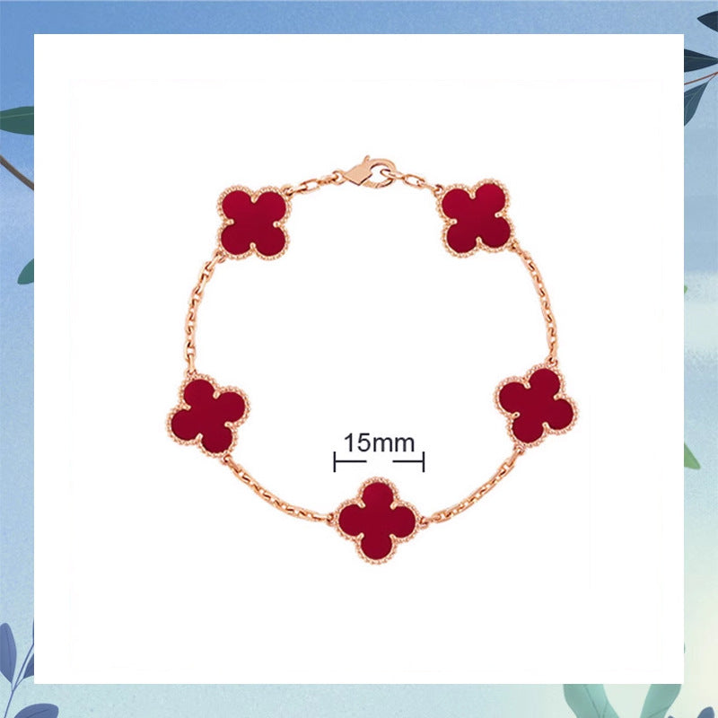 Women's Four-leaf Clover Rose Gold Red Agate Black White Shell Flower Bracelet