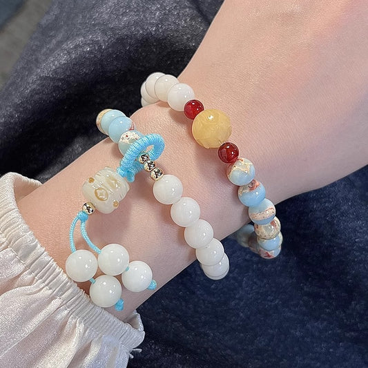 White Jade Bodhi Root Round Beads Bracelets