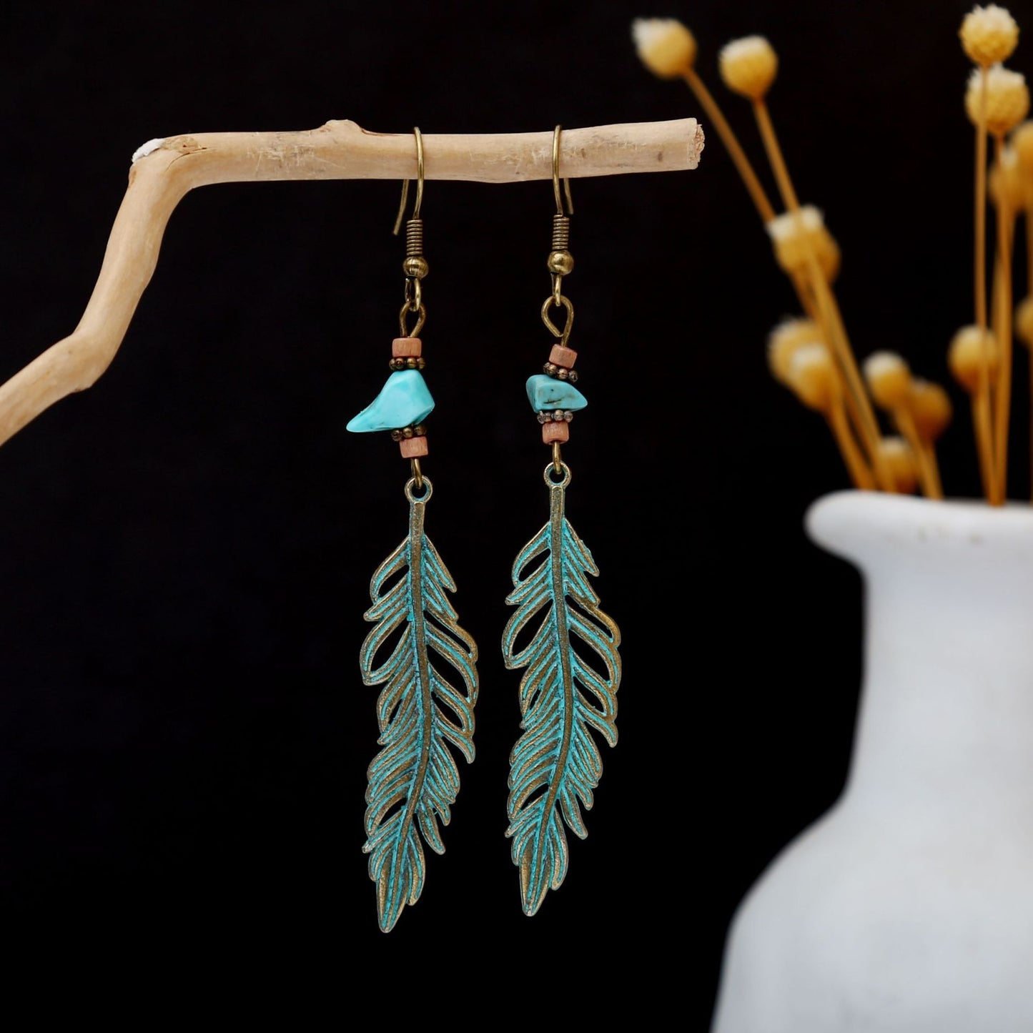 Turquoise Bohemian Palm Owl Bronze Carved Geometric Feather Earrings