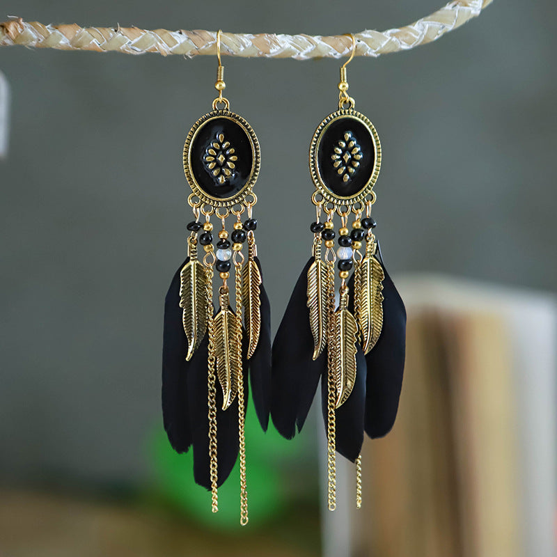 Creative Oval Long Tassel Red Feather Vintage Chain Earrings