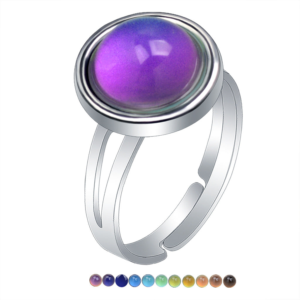 Women's Sweet Transparent Round Gem Mood Color Changing Adjustable Ring