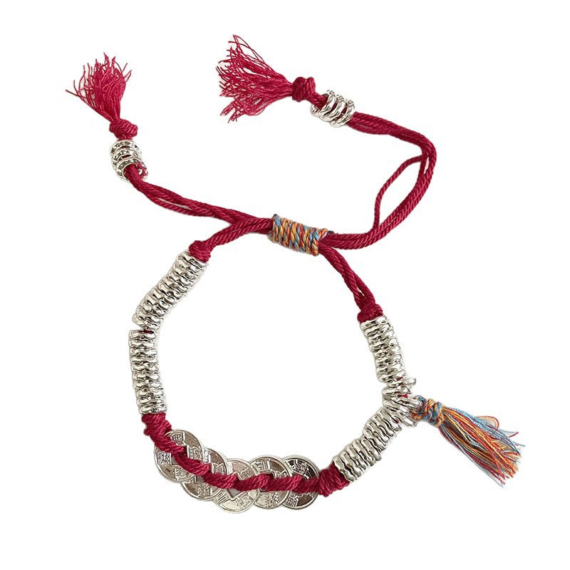 Sier Red Carrying Strap Chinese Round Dynasty Five Coins Hand-woven Bracelet